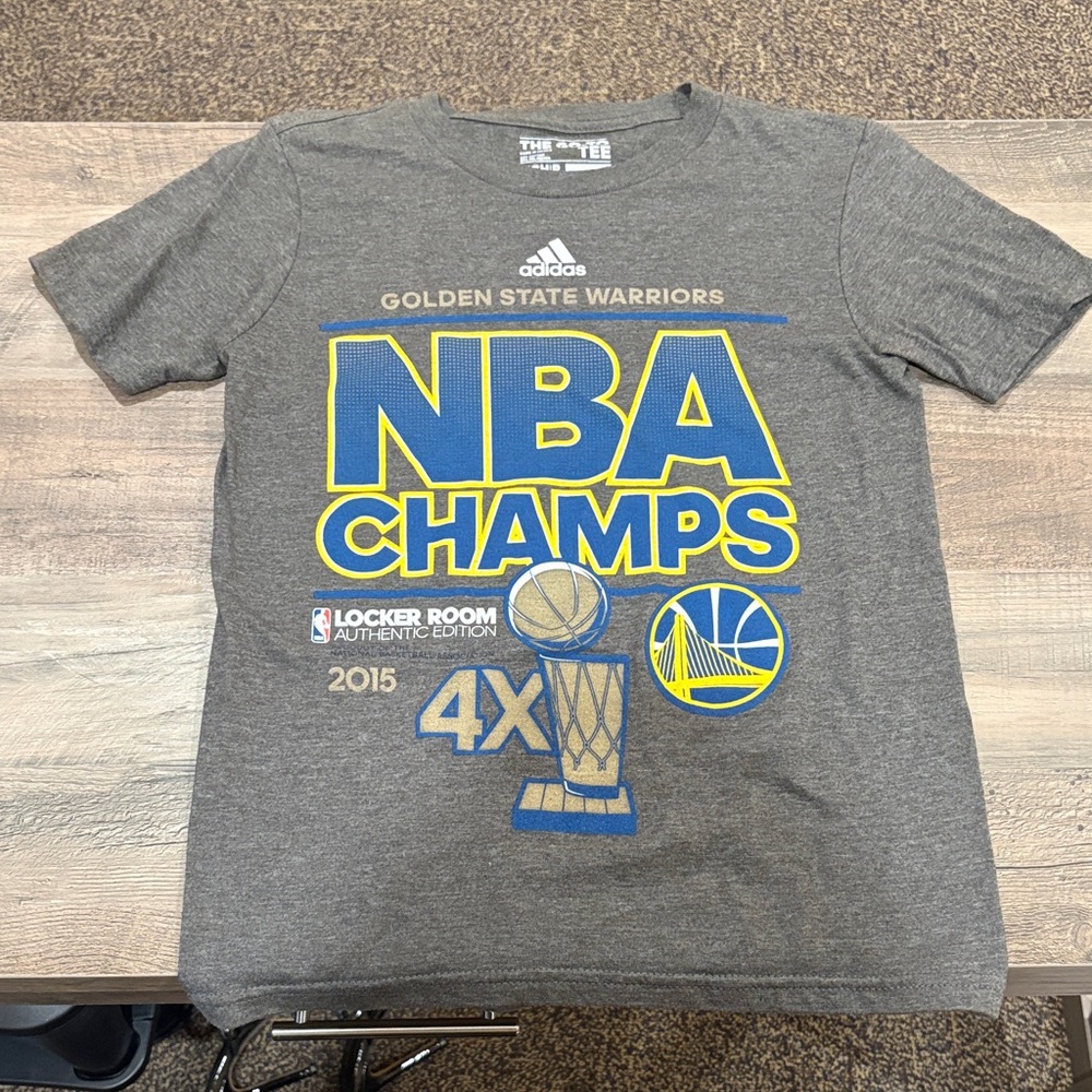 Adidas Gray Warriors NBA Champs T-Shirt with Blue and Yellow Graphics
